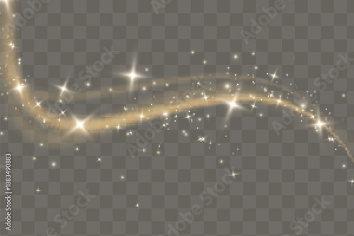 Golden light trails, light in motion, glowing speed lines with sparkles. Bright gold decoration, luminescent swirls isolated on black background. Vector illustration.	
