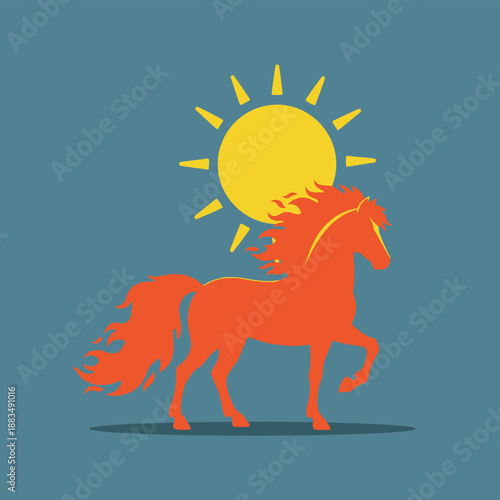 Orange Horse Silhouette Running Under Sun.