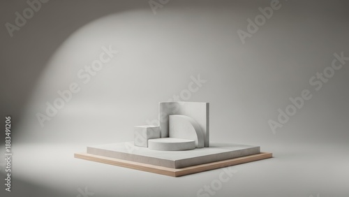 a minimalist geometric display platform with a spotlight and subtle wooden base texture