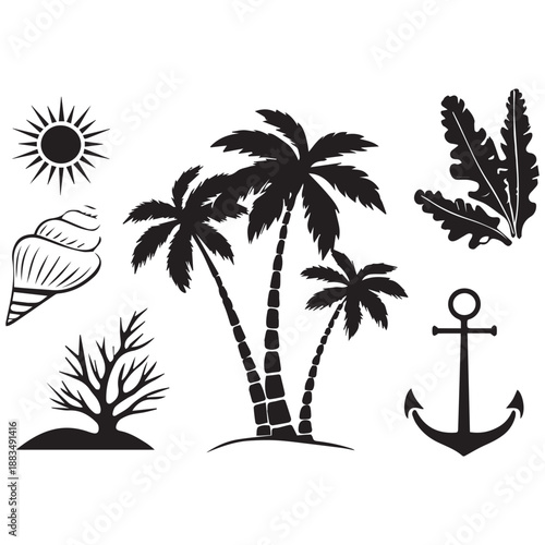 Tropical Beach Silhouette Vector Set – Palm Trees, Dolphins, Seahorse & Sea Elements .
