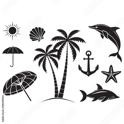 Tropical Beach Silhouette Vector Set – Palm Trees, Dolphins, Seahorse & Sea Elements .