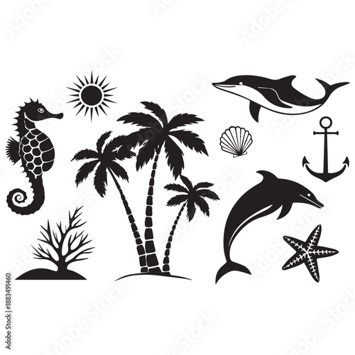 Tropical Beach Silhouette Vector Set – Palm Trees, Dolphins, Seahorse & Sea Elements .