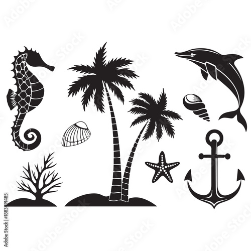 Tropical Beach Silhouette Vector Set – Palm Trees, Dolphins, Seahorse & Sea Elements .