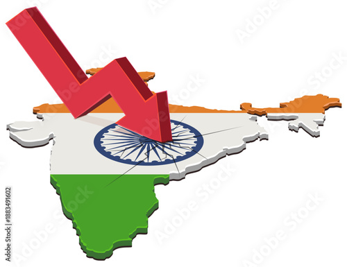 A red downward arrow crashing into a map of India with national flag colors. Symbolizes economic crisis, market crash, or financial recession in the country. (cut out)
