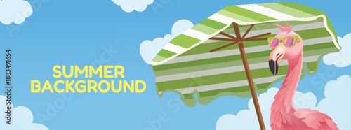 Summer background banner with pink flamingo wearing sunglasses under a green striped umbrella