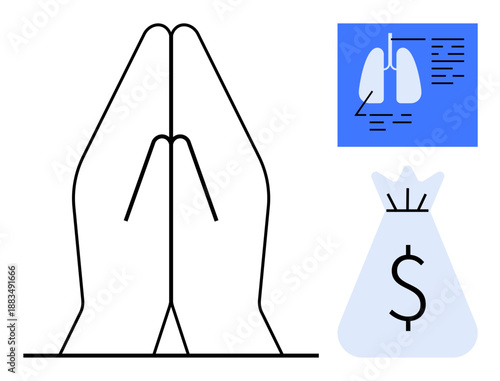 Hands in a prayer gesture, a medical lung diagnostic chart, and a money bag icon with a dollar sign. Ideal for healthcare costs, medical funding, public health, spirituality, insurance, budgeting