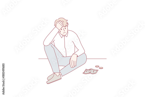 Poverty and financial crisis concept. Sad stressed disappointed businessman sitting and looking at little money cash and coins feeling unhappy vector illustration