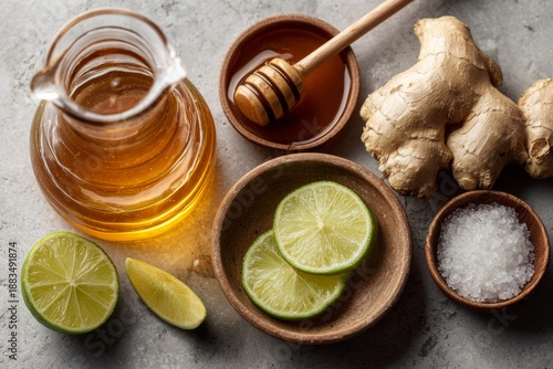 Close-up of jar honey, wooden spoon, whole jengibre, bowls of sugar, lime slices on gray surface. Concept of ginger tea spiced Dominican traditional.