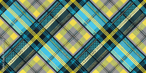 Vibrant blue and yellow abstract plaid pattern design with intersecting lines and geometric shapes.
