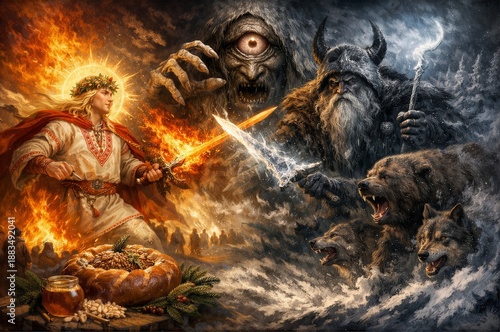 Kolyada wielding flaming blade fights dark forces Viy against Karachun amidst winter wolves. Ancient Slavic mythology captures eternal struggle. Solar warmth combats demonic underworld frost