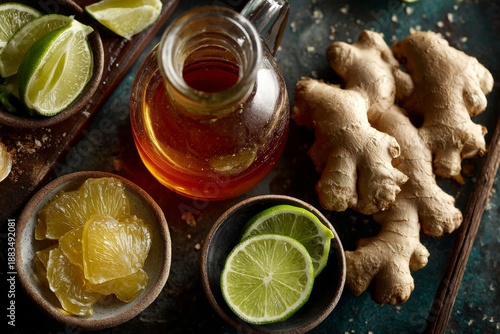 Glass jug filled with golden-brown liquid, sliced limes, ginger root, rustic dark surface. Concept of ginger tea spiced Dominican traditional flavors and ingredients blending harmoniously.