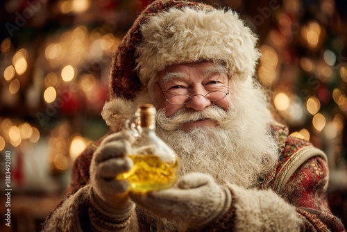 Elderly man dressed as Santa Claus holding bottle of jengibre, smiling warmly at camera. Concept of ginger tea spiced Dominican traditional celebration.