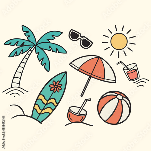Summer Beach Doodle Vector Set – Palm Trees, Surfboard, Sun, and Tropical Icons .