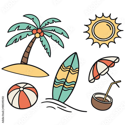 Summer Beach Doodle Vector Set – Palm Trees, Surfboard, Sun, and Tropical Icons .
