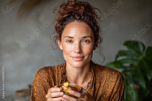 Woman with freckles, warm smile, holding bowl of jengibre, dark brown hair in messy bun. Concept of warm, inviting atmosphere with ginger tea spiced Dominican traditional flavors.