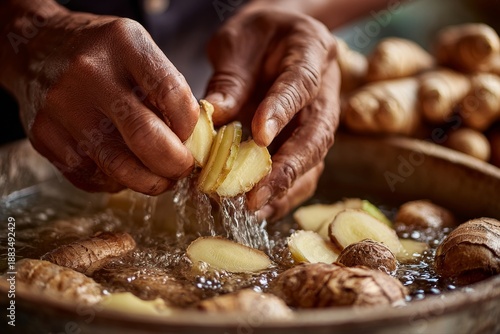 Close-up of hands squeezing jengibre into pot of boiling water. Concept of culinary tradition, ginger tea spiced Dominican traditional, enhancing flavors for wholesome beverages.