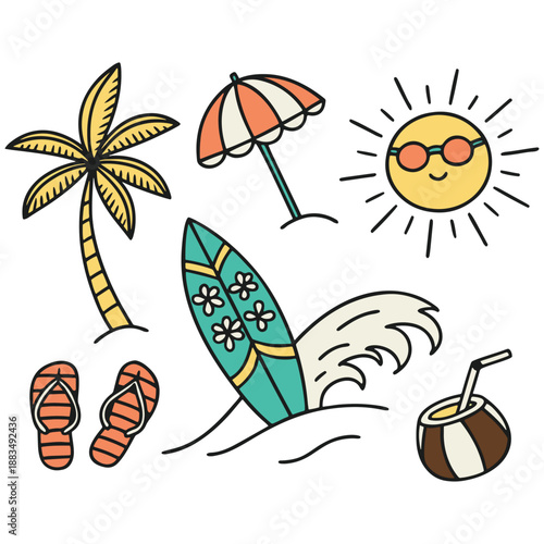 Summer Beach Doodle Vector Set – Palm Trees, Surfboard, Sun, and Tropical Icons .