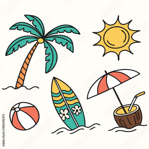 Summer Beach Doodle Vector Set – Palm Trees, Surfboard, Sun, and Tropical Icons .