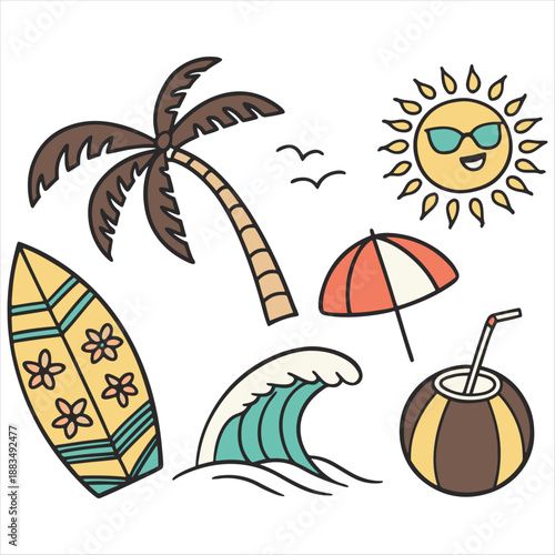 Summer Beach Doodle Vector Set – Palm Trees, Surfboard, Sun, and Tropical Icons .