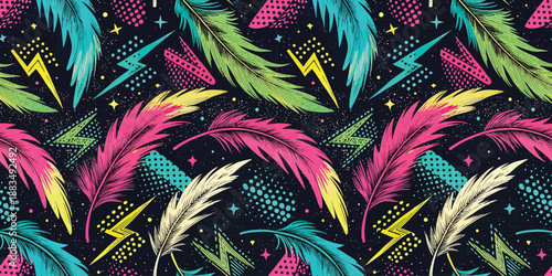 Vibrant feather pattern with colorful accents and energetic motifs, perfect for artistic designs.