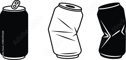 Illustration of three aluminum beverage cans in different conditions—intact and crushed—ideal for recycling, packaging, product lifecycle, and environmental design concepts.