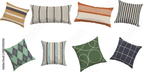 Collection of eight decorative pillows with diverse patterns and colors, ideal for home decor, textile design, interior styling, and furnishing inspiration.