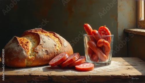 Fresh bread with sliced tomatoes and sausages on wooden table  