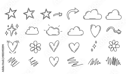 Cute sketchy line art decorative doodle icon set