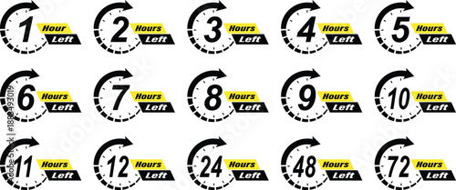 Set of hours left countdown timer icons with clock arrow for limited time offer, promotion sale badge, hour remaining time indicator label collection for e-commerce marketing design isolated