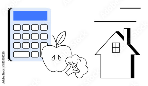 Budgeting, financial management, healthy lifestyle, personal finance, housing, real estate. Calculator with apple, broccoli and a house. Budgeting and financial management visuals