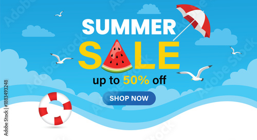 Vibrant summer sale advertisement with watermelon and beach elements
