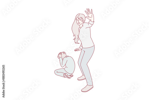 Home abuse and harassment concept. Stressed afraid terrified woman mother standing and asking stop violence with sitting and covering ears kid on floor vector illustration