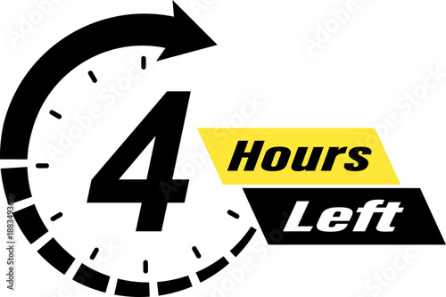 Four hours left countdown timer icon with clock arrow for limited time offer, promotion sale badge, 4 hours remaining time indicator label for e-commerce marketing and social media advertising.