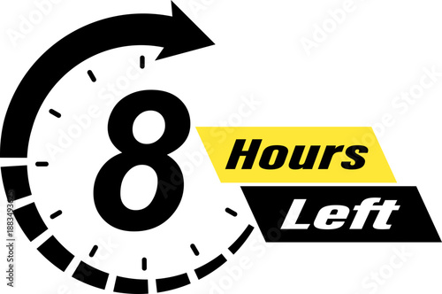 Eight hours left countdown timer icon with clock arrow for limited time offer, promotion sale badge, 8 hours remaining time indicator label for e-commerce marketing and social media advertising.
