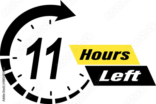 Eleven hours left countdown timer icon with clock arrow for limited time offer, promotion sale badge, 11 hours remaining time indicator label for e-commerce marketing and social media advertising.