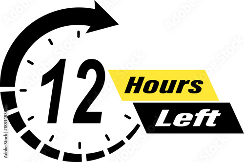 Twelve hours left countdown timer icon with clock arrow for limited time offer, promotion sale badge, 12 hours remaining time indicator label for e-commerce marketing and social media advertising.