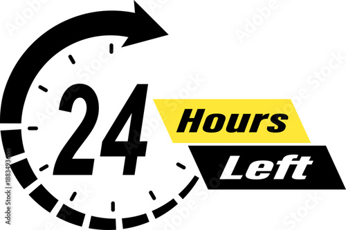 Twenty four hours left countdown timer icon with clock arrow for limited time offer, promotion sale badge, 24 hours remaining time indicator label for e-commerce marketing and social media advertising