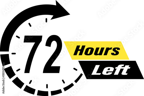Seventy two hours left countdown timer icon with clock arrow for limited time offer, promotion sale badge, 72 hours remaining time indicator label for e-commerce marketing and social media advertising