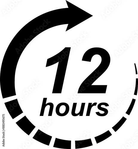 Twelve hours left countdown timer icon with clock arrow for limited time offer, promotion sale badge, 12 hours remaining time indicator label for e-commerce marketing and social media advertising.