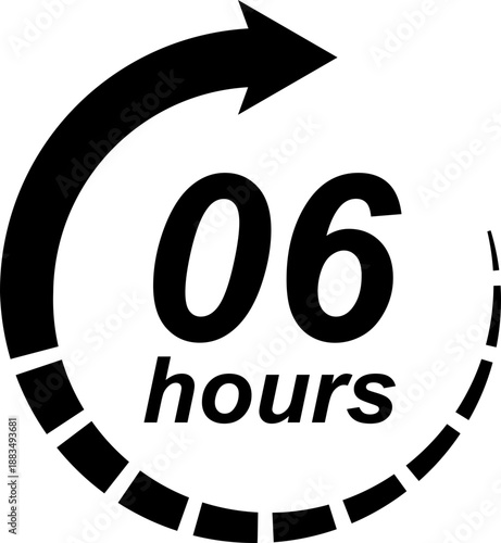 Six hours left countdown timer icon with clock arrow for limited time offer, promotion sale badge, 6 hours remaining time indicator label for e-commerce marketing and social media advertising.