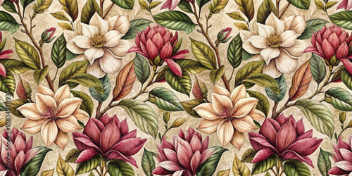 Vibrant floral pattern featuring magnolia blossoms in shades of pink and cream.