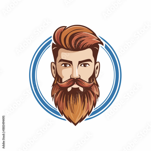 A vector illustration of a bearded man with a stylish haircut and mustache in a blue circular frame