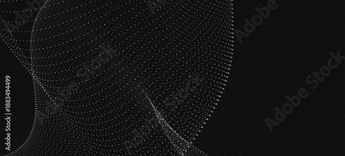An abstract black and white dynamic wave. Streams of bright dots form smooth waves against a dark background. The radiating light creates a sense of depth and elegance. Futuristic 3D dot wave.
