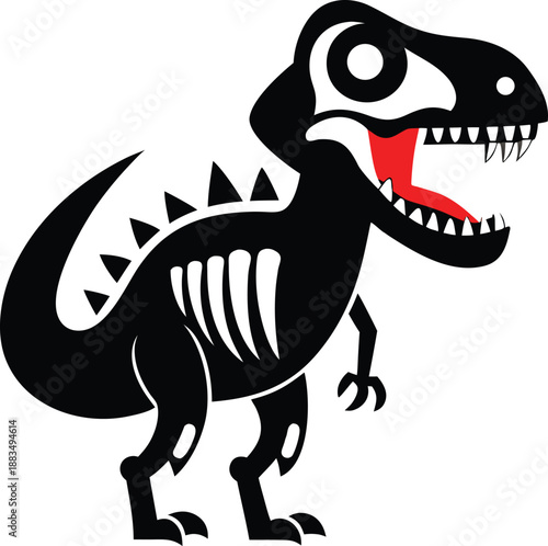 A black and white cartoon illustration of a roaring dinosaur with exposed skeleton