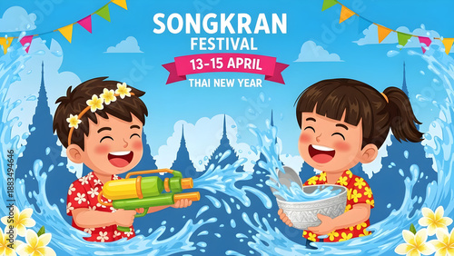 Cartoon boy and girl playing with water gun and silver bowl, Songkran Festival Thai New Year celebration in front of temple silhouettes, festive poster for cultural events
