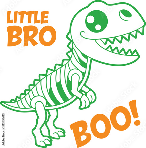 Little brother dinosaur skeleton with spooky expression and playful text