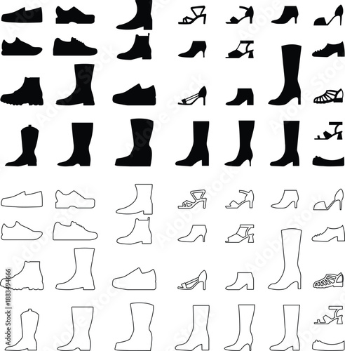 Shoes footwear icons set collection featuring boots heels sneakers sandals silhouettes in flat and line style, fashion apparel outline illustration group for store web branding design