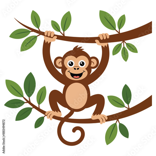 Smiling cartoon monkey hangs happily from thick tree branches.