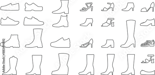 Shoes footwear icons set collection featuring boots heels sneakers sandals silhouettes in line style, fashion apparel outline illustration group for store web branding design