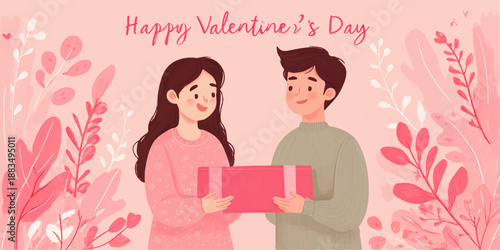 A happy couple exchanging a gift box on Valentine's Day, surrounded by floral decorations.